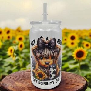"Bit of a Mess But Doing My Best" Highland Cow Sunflower Tumbler with Straw